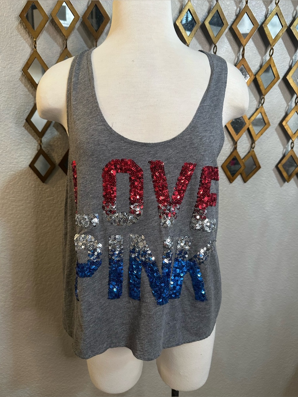 Vintage VS PINK Americana Patriotic Sequin Tank Top Gray 🇺🇸